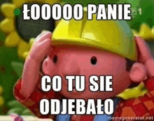 bob the builder is wearing a hard hat and covering his face with his hands .