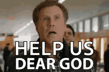 a man is standing in front of a sign that says `` help us dear god ''