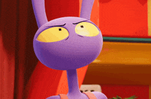 a purple cartoon character with yellow eyes and a pink top
