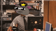 a cartoon of a man sitting at a desk with a sign that says no smoking please behind him