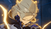 a close up of a person 's face in a video game with a flame behind them