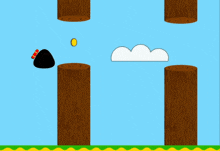 a cartoon drawing of a black bird flying through a forest