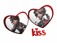 a couple of hearts with the word kiss in red