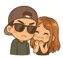 a cartoon drawing of a man and a woman with the man wearing sunglasses