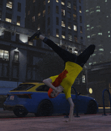 a woman with red hair is doing a handstand in front of a blue car with a license plate that starts with l