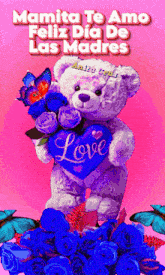 a teddy bear holding a heart that says love on it