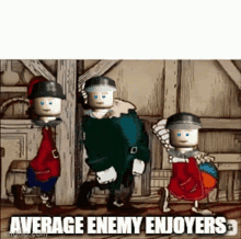 a group of cartoon characters are standing next to each other with the words average enemy enjoyers .