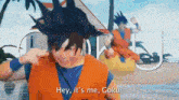 a man in a goku costume says " hey it 's me goku "