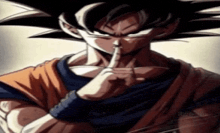 a close up of a dragon ball z character making a silence gesture .
