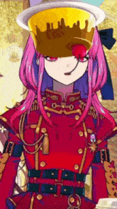 a girl with pink hair is wearing a crown on her head