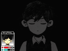 a black and white drawing of a boy with his eyes closed and the word neutral below it