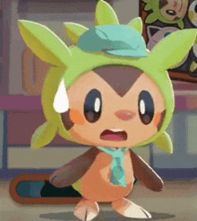 a cartoon character wearing a green hat and scarf looks surprised