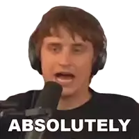 a man wearing headphones is screaming into a microphone with the word absolutely written above him