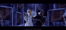 two anime girls are standing next to each other in a dark room in a video game .
