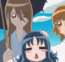 a woman holding an umbrella stands next to a girl with a surprised look on her face