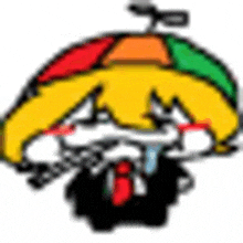 a pixel art drawing of a cartoon character with a rainbow hat .