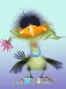a cartoon bird is holding a flower in its beak and wearing sunglasses and a necklace .