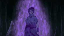 a person in a purple outfit is standing in front of a purple background