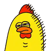 a cartoon chicken with a red crest and a yellow beak is looking at the camera .