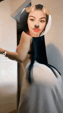 a woman with a dog face mask on her face