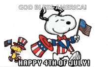 snoopy and woodstock are celebrating the fourth of july with a red background .