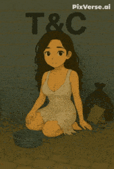a cartoon drawing of a woman kneeling down with the word t & c above her