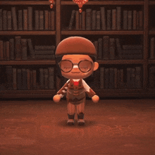a cartoon character wearing glasses and a beanie stands in front of a bookshelf