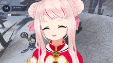 a girl with pink hair is smiling in front of a screen that says crash on it