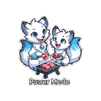 a sticker of two white foxes cooking food with the words power mode underneath