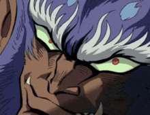 a close up of a cartoon character with green eyes and purple hair