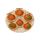 a plate of scallops covered in sauce and parsley on a white background