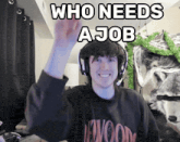 a man wearing headphones and a shirt that says newwood on it