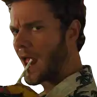 a man with a straw in his mouth is drinking from a banana