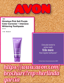 an avon advertisement for himalaya pink salt purple color corrector intensive whitening toothpaste