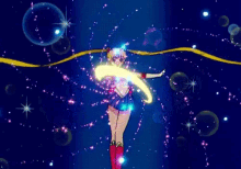 a cartoon character is holding a glowing object in her hand in the night sky .