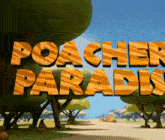 a cartoon landscape with the words poacher paradis written in orange letters