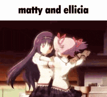 two anime girls are hugging each other with the words matty and elicia written above them .