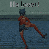 a girl in a red sweater and red socks is standing in front of a wall that says ha loser on it