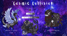 a cosmic collision poster with three dragons