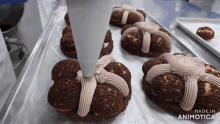 a bunch of cookies are sitting on a tray with the words made in animatica on the bottom