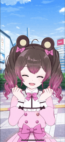 a girl with pink hair is wearing a pink dress with a pink bow
