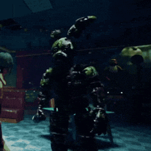 a video game character in a dark room with a bunny on his head