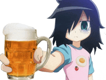 a girl in a pink shirt is holding a large beer mug