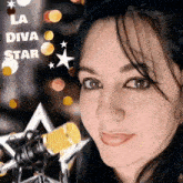 a woman stands in front of a microphone with the words la diva star written above her