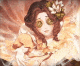 a painting of a woman with a flower in her hair and coins in her eyes