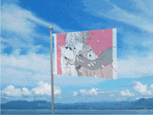 a flag with a picture of a man and woman on it is flying in the wind