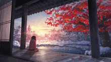 a painting of a girl sitting on a porch looking out over a snowy forest