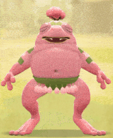 a pink frog with a flower on its head is standing in a field