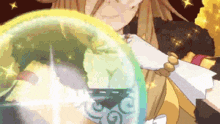 a cartoon of a woman holding a sphere with a swirl on it .