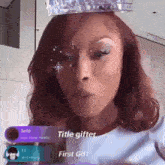 a woman with a crown on her head is blowing bubbles .
